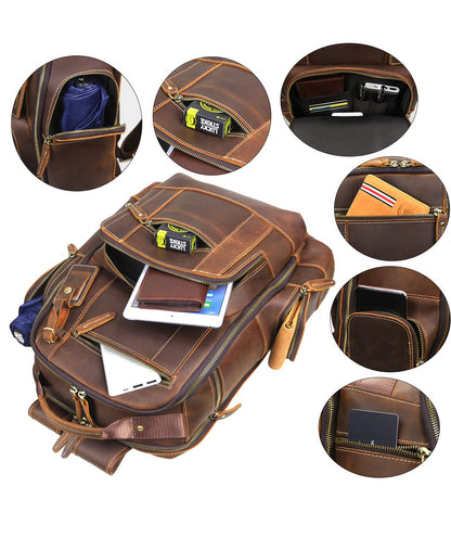 LANNSYNE Men's Vintage Full Grain Leather 15.6 Inch Laptop Backpack Camping Travel 24L Rucksack