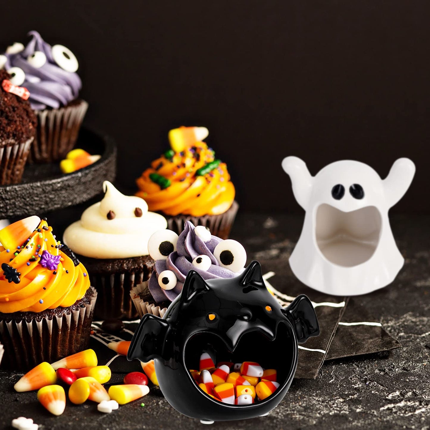 Whaline 2Pcs Halloween Candy Bowls MIni Halloween Candy Dish Candle Holder Trick or Treat Bat Ghost Ceramic Dish for Tiered Tray Ornament Tableware Holiday Party Decor Supplies Gift