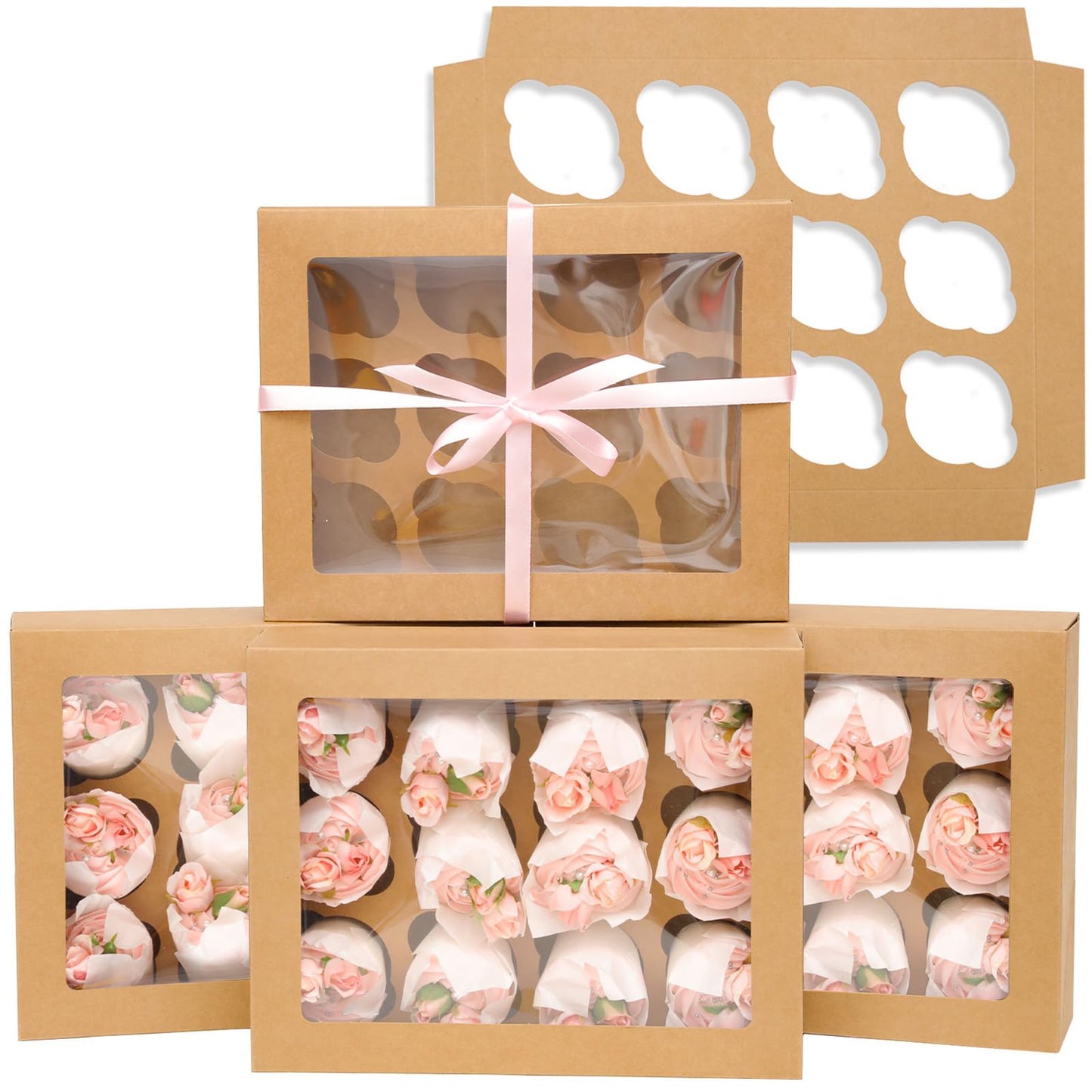 Bakepacker 12 Cupcake Containers 20-Packs Brown 12 Count Cupcake Boxes with Window Cupcakes Carrier, 13"x10"x3.5"（Auto-pop up）