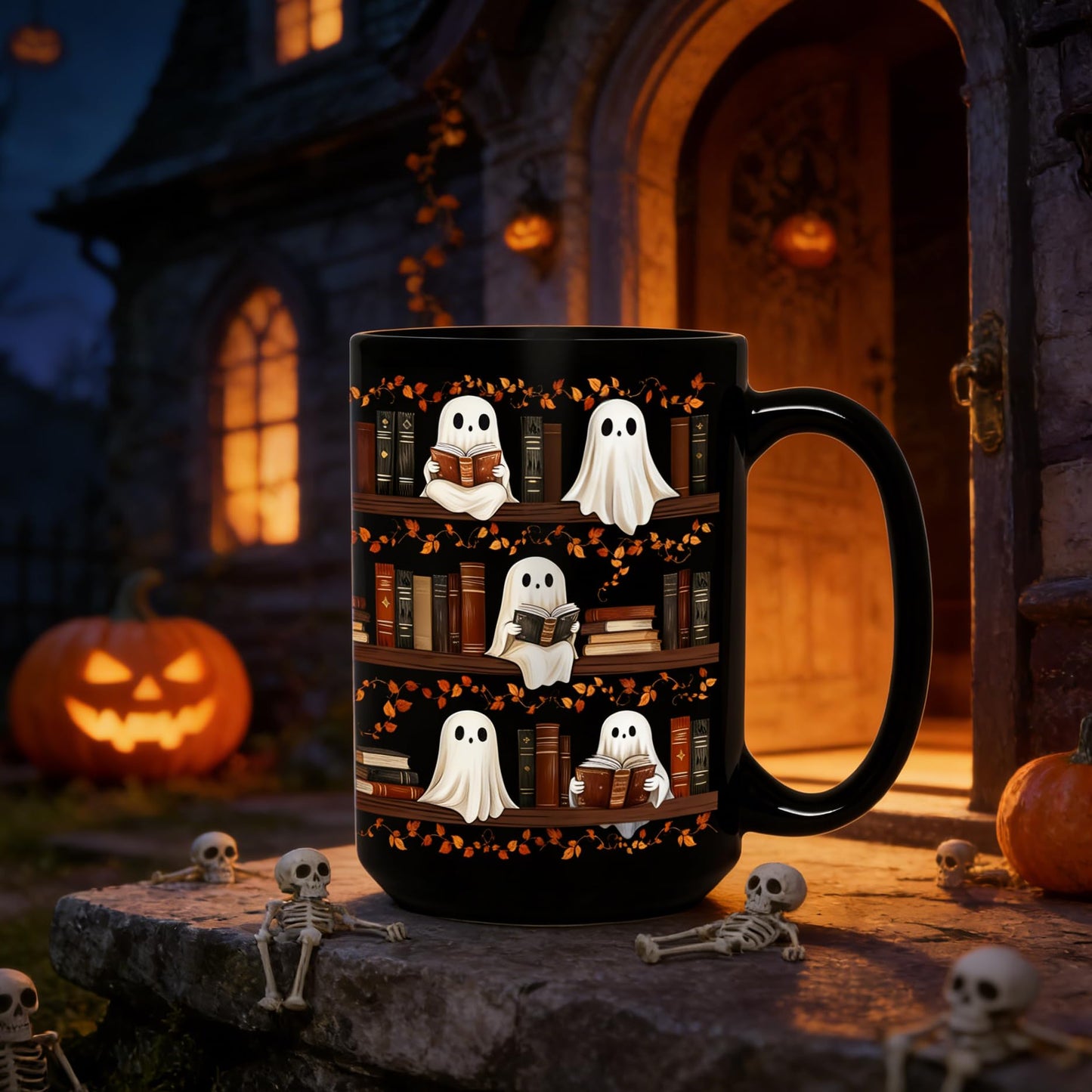 BORULEEY Halloween Cute Ghost Reading Coffee Mug, 15 oz Black Ceramic Tea Cup, Spooky Book Mug for Book Lovers & Readers, Novelty Fun Festive Bookish Gift for Women, Friends & Coworkers