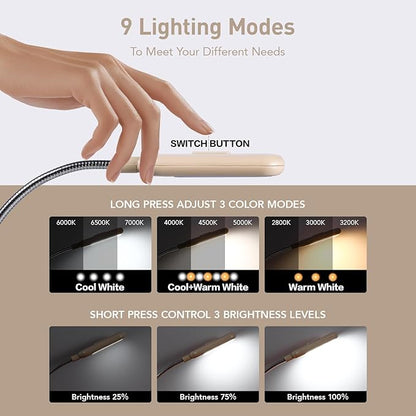 VAVOFO Rechargeable Book Light for Reading in Bed Kids, 7 LED Reading Light with 9-Level Warm Cool White Daylight, Eye Care Lamp with Power Indicator for Bookworms (Khaki)