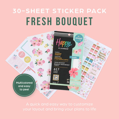 Happy Planner Sticker Pack for Calendars, Journals, and Diary Planners, Multicoloured Scrapbook Accessories, Fresh Bouquet Theme, Classic Size, 30 Sheets, 617 Total Stickers