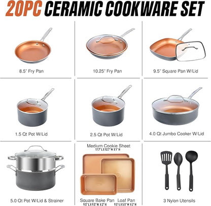 GOTHAM STEEL 20 Pc Ceramic Cookware Set, Copper Pots and Pans Set Non Stick with Bakeware, Cooking Utensils, and Steamer, Oven and Dishwasher Safe