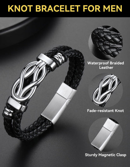ChainsHouse Mens Leather Bracelet Idea Gift for Man Square Infinity Love Knot Braided Beaded Leather Cuff Bracelet 8.3 Inches Birthday Gifts for Men