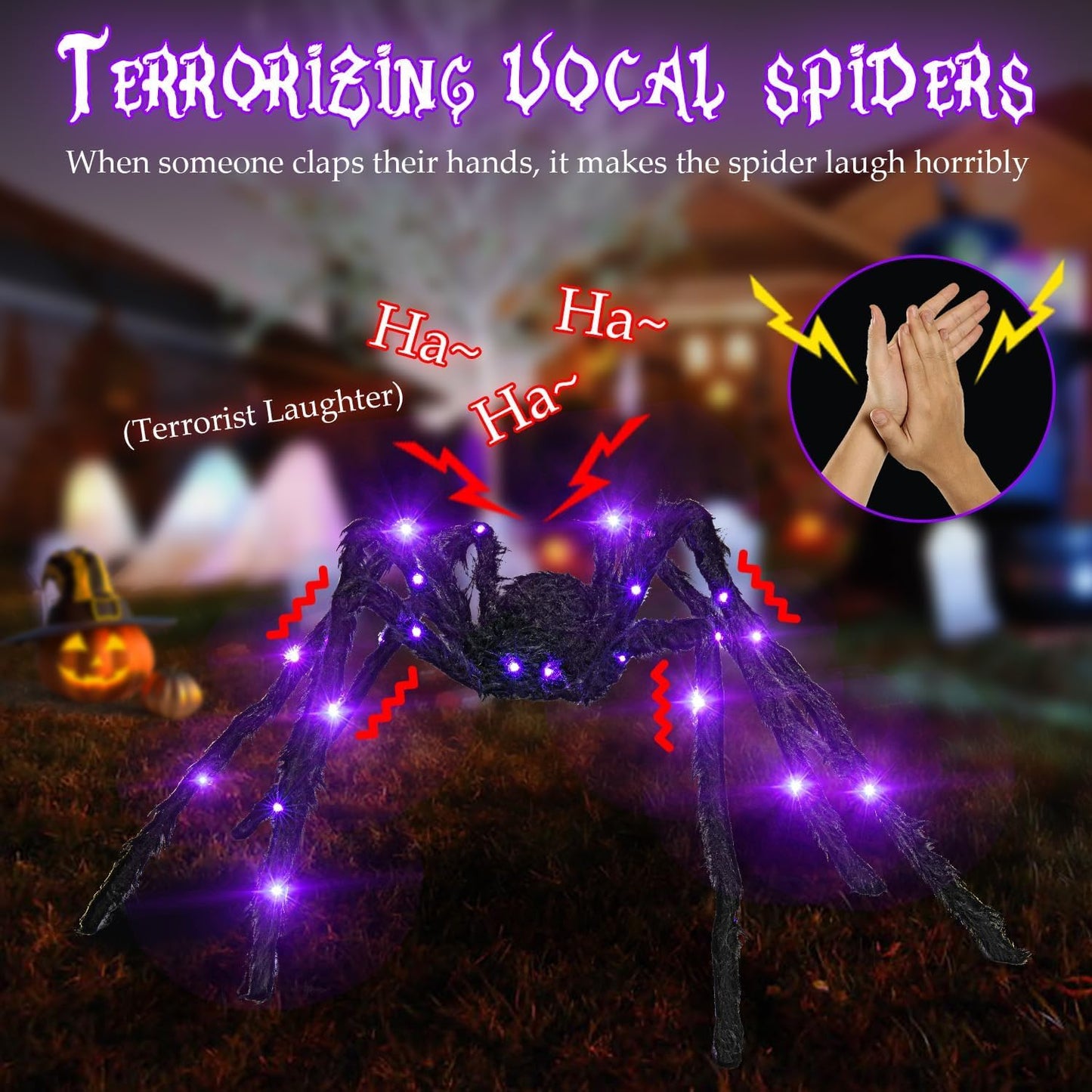 5ft Giant Light Up Sound Activated Talking Halloween Spider with Purple Lights and 17 * 16Ft Spider Web with 200sqft Stretched Cobweb for Indoor Outdoor Decorations and Yard Creepy Lighted Decor