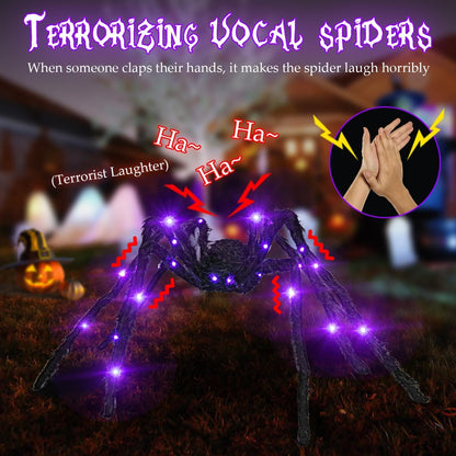 5ft Giant Light Up Sound Activated Talking Halloween Spider with Purple Lights and 17 * 16Ft Spider Web with 200sqft Stretched Cobweb for Indoor Outdoor Decorations and Yard Creepy Lighted Decor