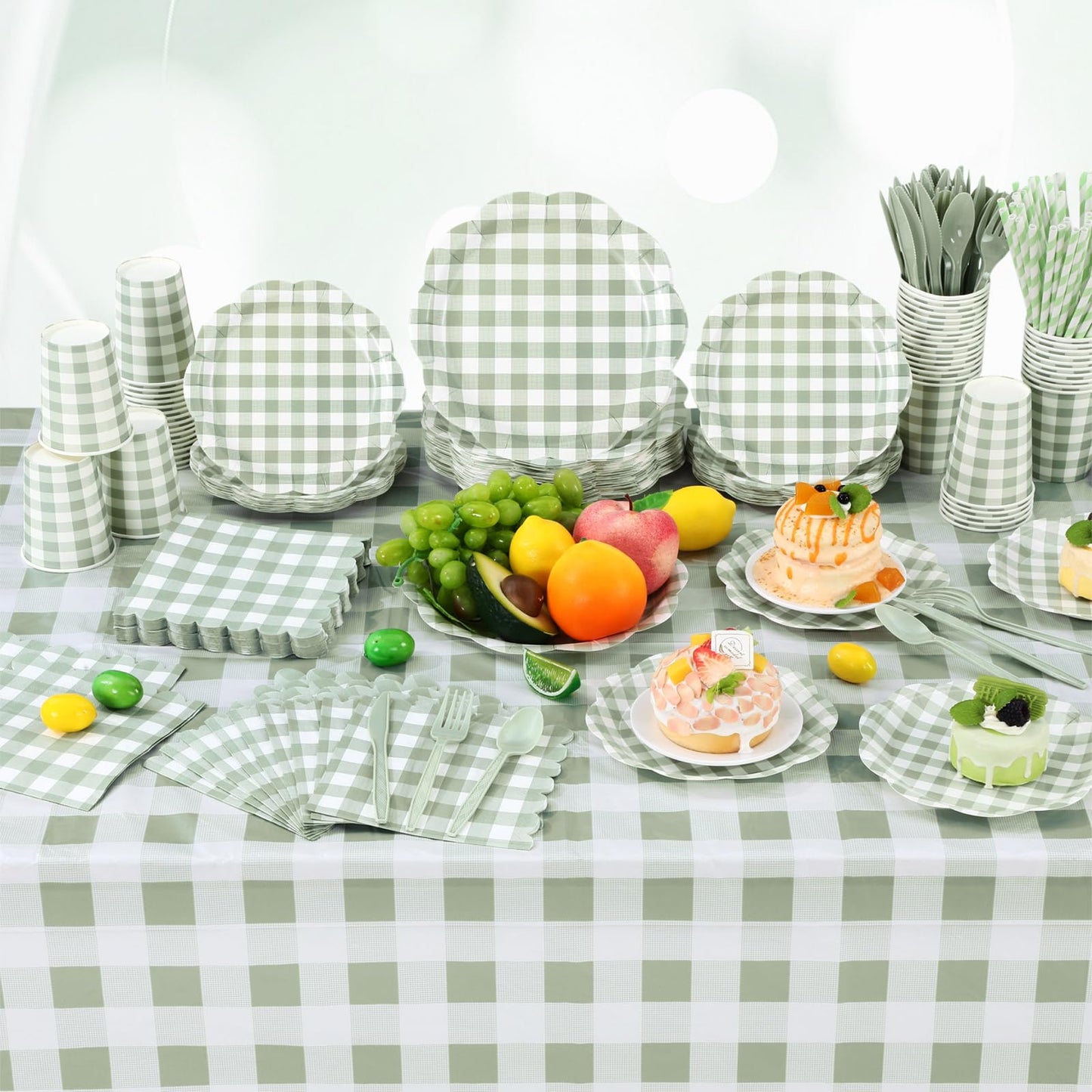 Funnymoom 452 Pcs Sage Green Gingham Party Supplies for 50 Guests, Green Gingham Paper Plates Napkins Cup Tablecloth Disposable Tableware for BBQ Picnic Birthday Baby Shower Wedding Party Decoration