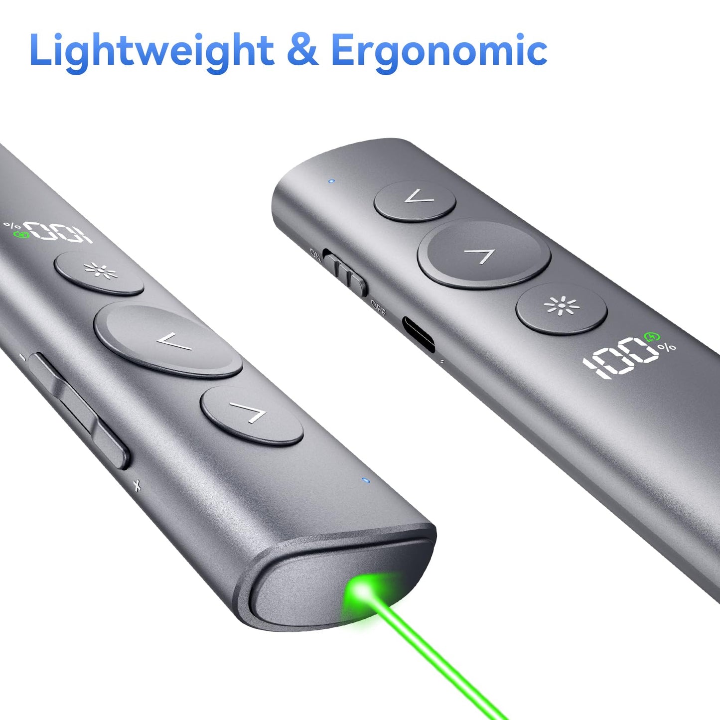 Rechargeable Presentation Clicker with Green Laser Pointer for PowerPoint, Power Display Wireless Presenter Remote with USB-A & USB-C Dongle, Slide Advancer for Mac, Windows, Laptop, Classroom, Office