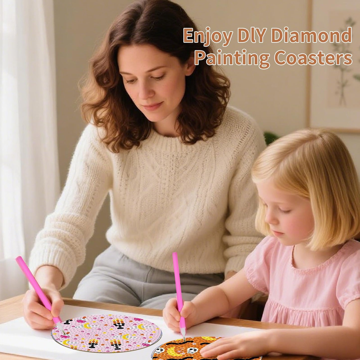 PERFECTSIGHT 8 Pcs DIY Diamond Art Painting Coasters with Holder, Cute Diamond Paint Coaster Kits for Adults, Kawaii Full Drill Diamond Art Craft Paint by Number Non Slip Coaster - Pink Halloween