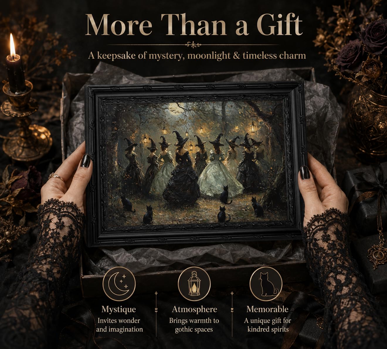 Framed Halloween Witch Wall Art, Moonlit Forest Witch Gathering Painting, Dark Academia Witchy Canvas Print, Black Ornate Framed Artwork with Black Cats. Ready to hang, 9x11in