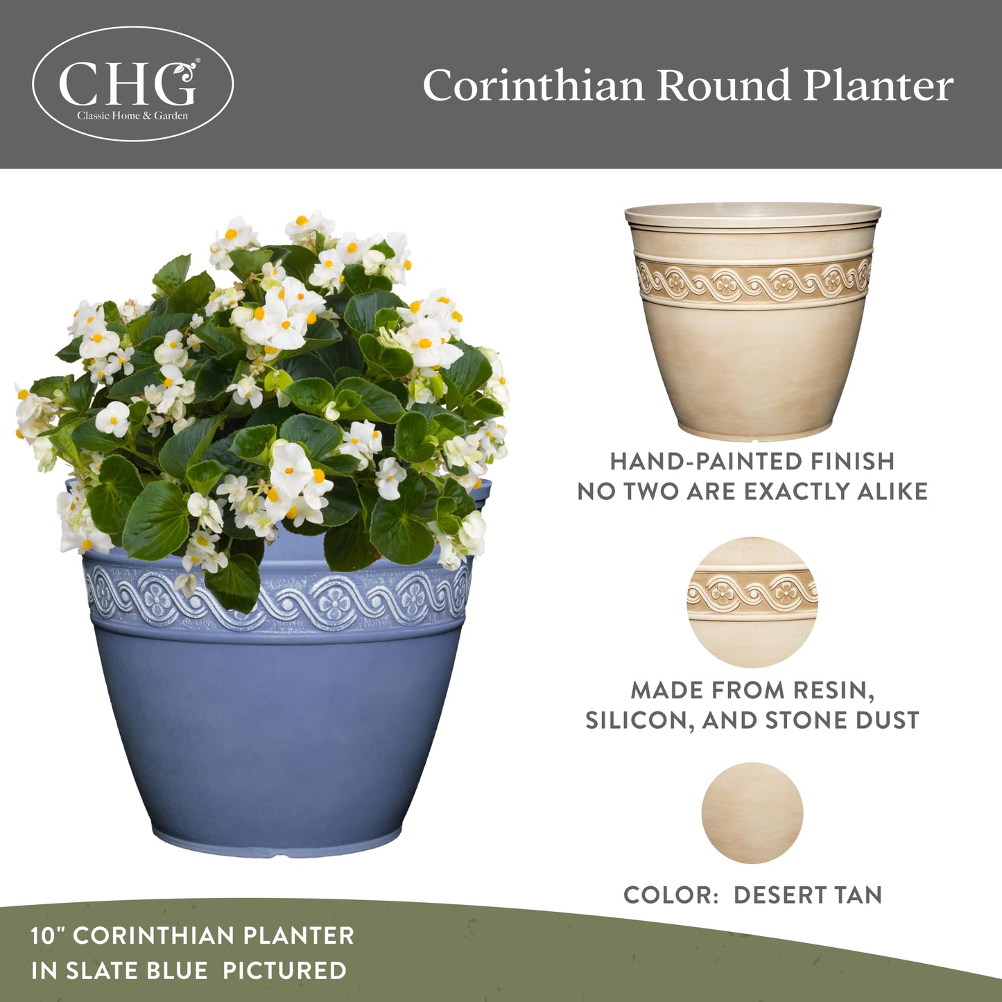 Classic Home and Garden Corinthian Resin Flower Pot Planter, Desert Tan, 8"