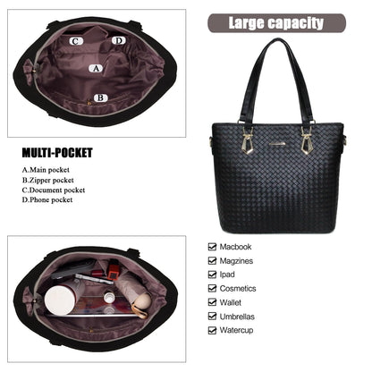OTMIPIML Purses and Handbags for Women Synthetic Leather Tote Crossbody Bags Satchel Purses Set 6pcs (4A-Black-woven)