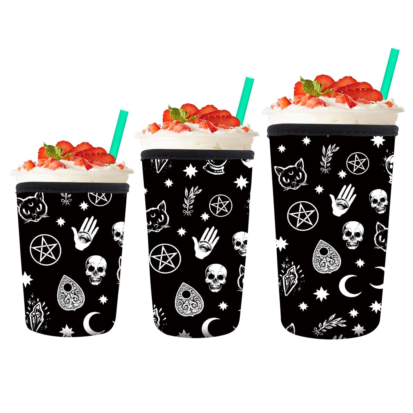 AMZXCFGL 3 Pack Reusable Neoprene Insulator Sleeve for Iced Coffee Cups, Cute Funny Coffee Cup Sleeve, Universal Fit 16-32oz Cups for Hot Cold Beverages Cute Black Cats