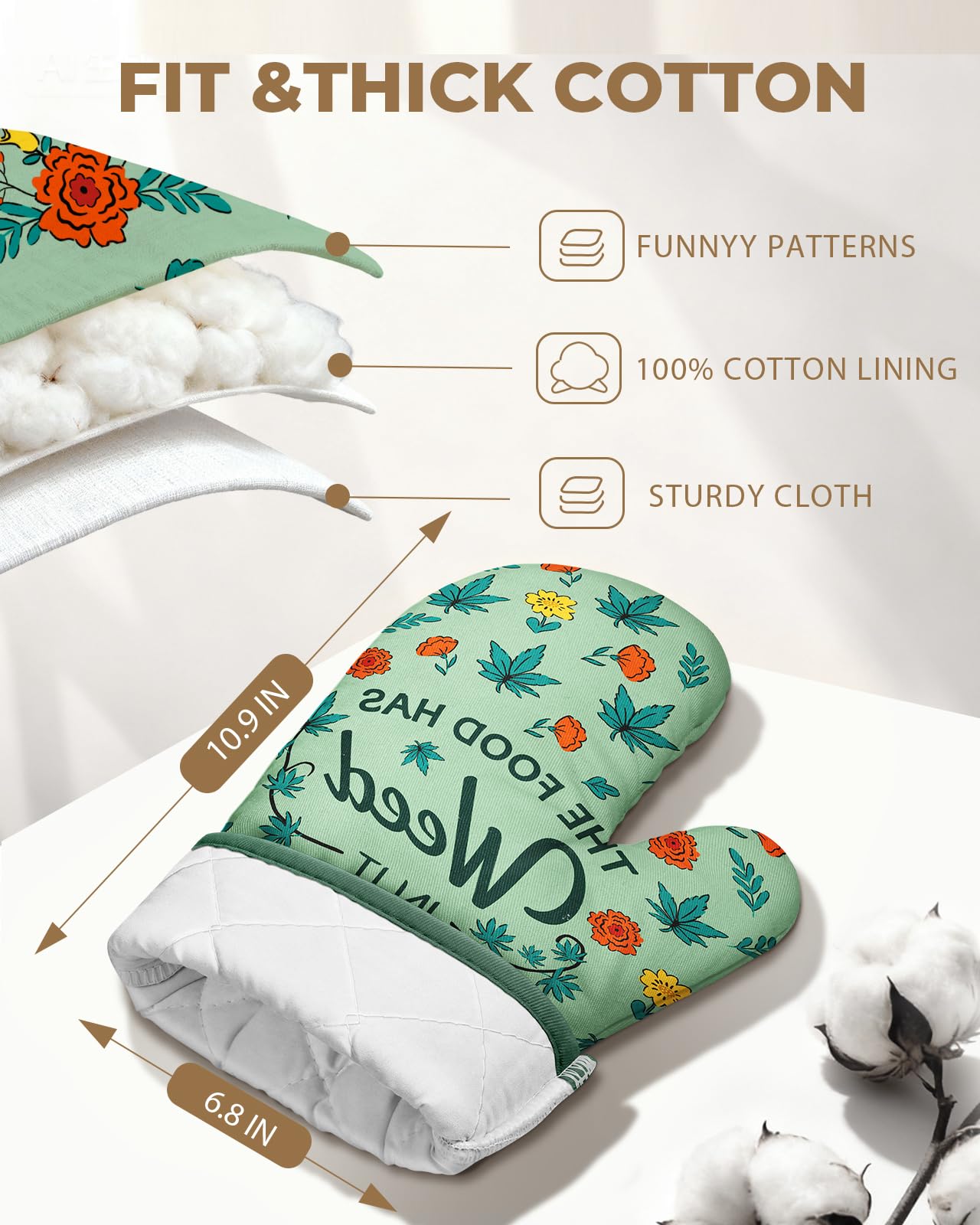 Slohif Funny Oven Mitts and Pot Holder for Women - Heat Resistant Leaf Cute Novelty Kitchen Oven Mittens 100% Cotton, Non-Slip Silicone Surface Pot Holder for Baking and Cooking Accessories