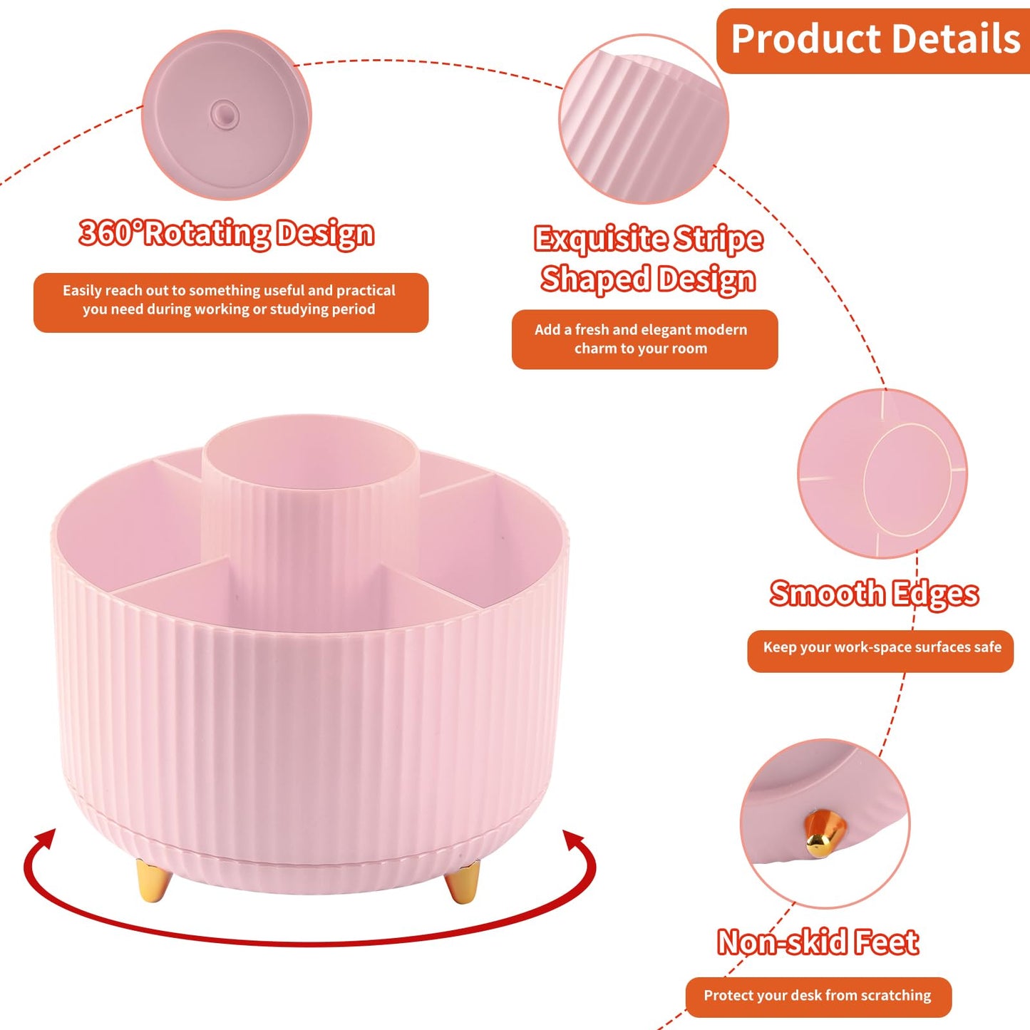EDENMS Desk Pencil Pen Holder, 5 Slots 360°Degree Rotating Organizers for Desk, Desktop Storage Stationery Supplies Organizer, Cute Cup Pot Office, School, Home, Art Supply, Pink