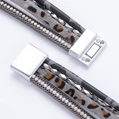 FANCY SHINY Boho Leather Wrap Bracelet Stackable Chunky Crystal Cuff Bracelets with Magnetic Clasp Cowboy Cowgirl Western Summer Beach Outfits Jewelry Gifts for Women (7.7", Grey Leopard)