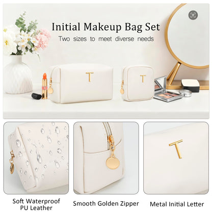 CLOUDWINGS Personalized Birthday Gifts for Women - Initial Makeup Bag Set Travel Toiletry Bag Cosmetic Bags Soft Waterproof PU Leather Makeup Pouch Travel Essentials (T, 2pcs Beige)