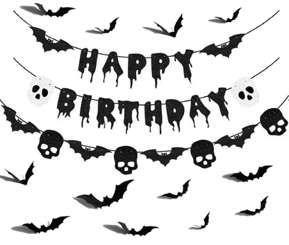 Black Glittery Happy Birthday Halloween Banner Bats Skull 3D Bat Sticker for Horror Birthday Party Decorations Scary Party Decor