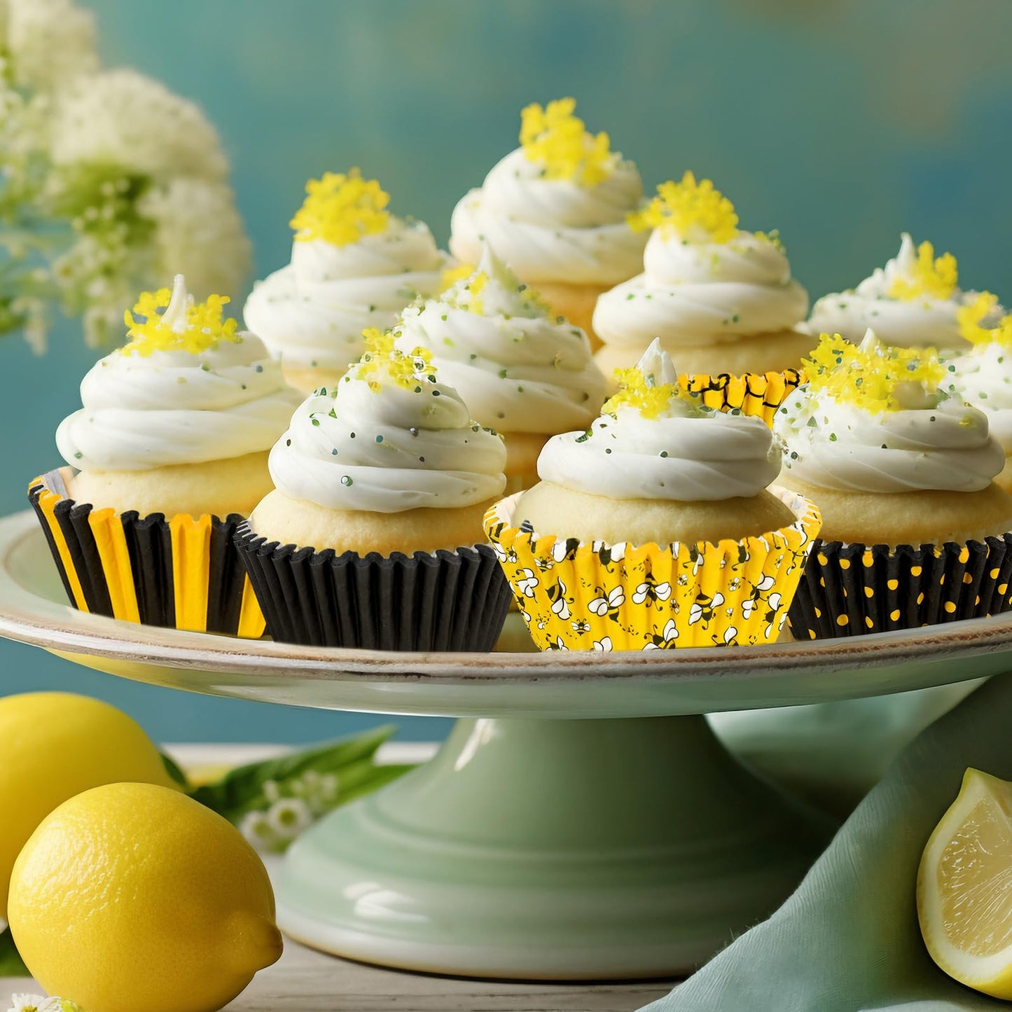 JarThenaAMCS 600Pcs Summer Honey Bee Cupcake Liner Honeycomb Stripe Paper Baking Cup Yellow Black Muffin Wrappers Cake Storage Container for Party DIY Craft, 2 x 1.2 Inch
