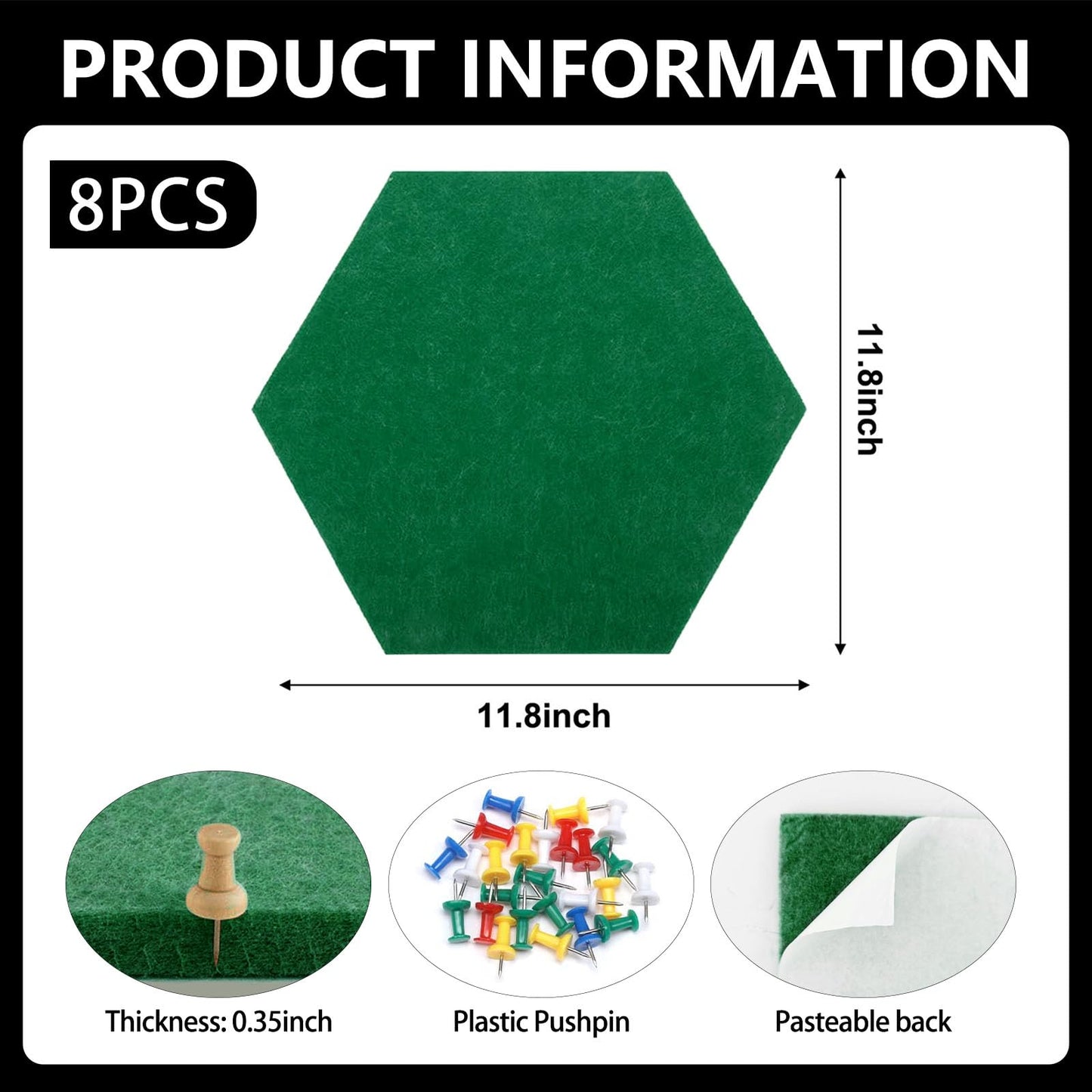 8 Packs Green Hexagon Felt Pin Board, 12" Bulletin Board with 30 Push Pins, Felt Board for Home Kitchen Office Decor, Self-Adhesive Corkboard Tiles for Walls Classroom Message Photos Memos Display