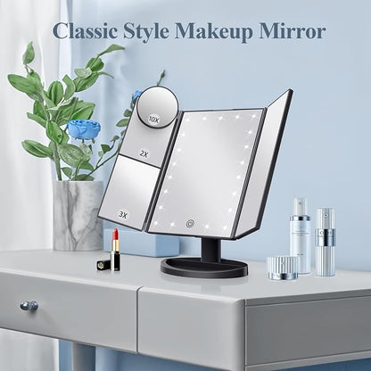 HUONUL Makeup Mirror, Vanity Mirror with Lights, 2X/3X/10X Magnification, Touch Control, Trifold, Dual Power Supply, Birthday Gifts for Women, Wife, Mom, Girls,Dorm Room Essentials