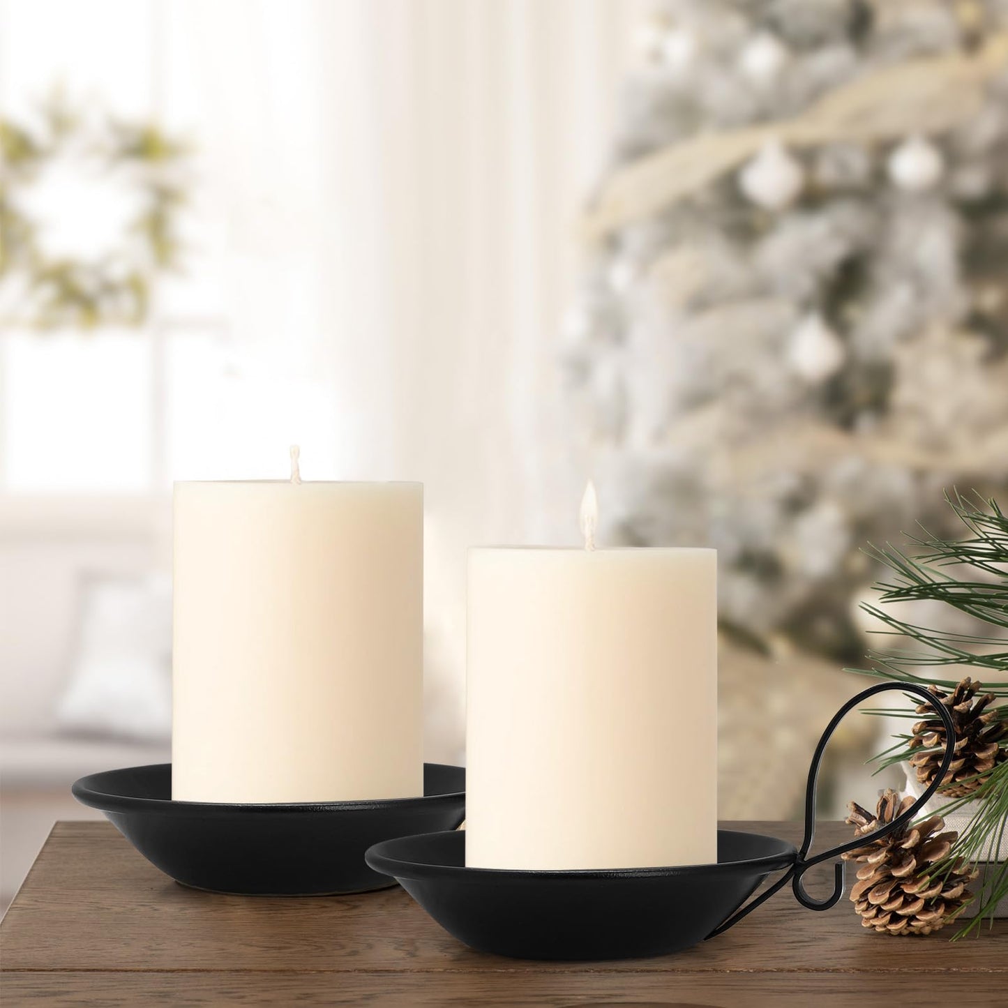 Matte Black Iron Candle Holder with Handle, 2pcs Iron Pillar Candle Holders with Safety Spike for Pillar/Ball Candles, Table Centerpiece Decoration