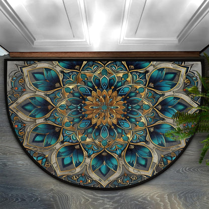 Turquoise Mandala Half Round Door Mat Indoor Entrance Semi Circle Area Rugs