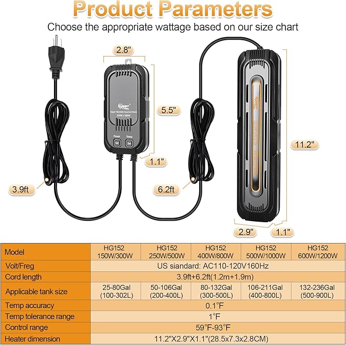 hygger Aquarium Heater, 600W/1200W Adjustable Power Fish Tank Heater with Digital Display External Controller, Automatic Power-Off Protection Heater for 132-238 Gallons Freshwater and Saltwater Tank
