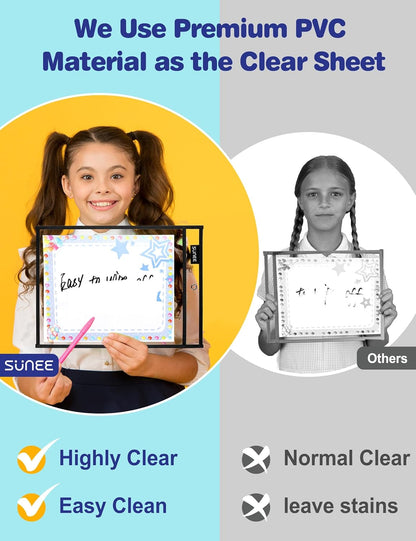SUNEE 30 Packs Oversized Reusable Dry Erase Pocket Sleeves with 2 Rings, Black 10x14 Ticket Holders, Clear Plastic Sheet Protectors, Teacher School Classroom Supplies