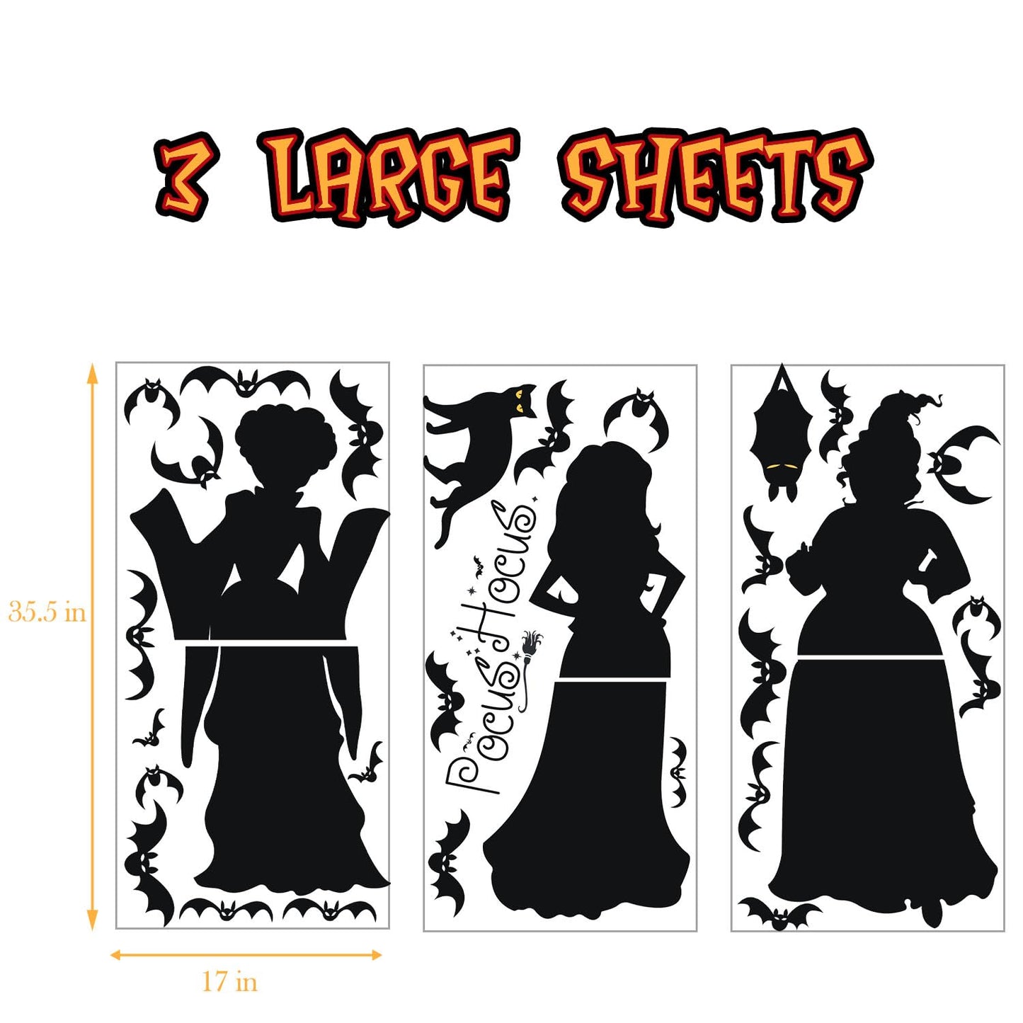 Halloween Window Clings Decoration - 35" Large Double Sided Hocus-Pocus Decor Halloween Witch Silhouette with Black Cat Bat, Spooky Scary Window Decals Stickers Home Decor for Glass Mirror, 3 Sheets