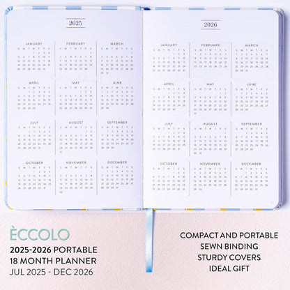 2025-2026 Eccolo 18 Month Bound Planner, Monthly & Weekly Pages (5.25 x 7.75" - July 2025 - Dec 2026 - Lemon Blue Stripes)