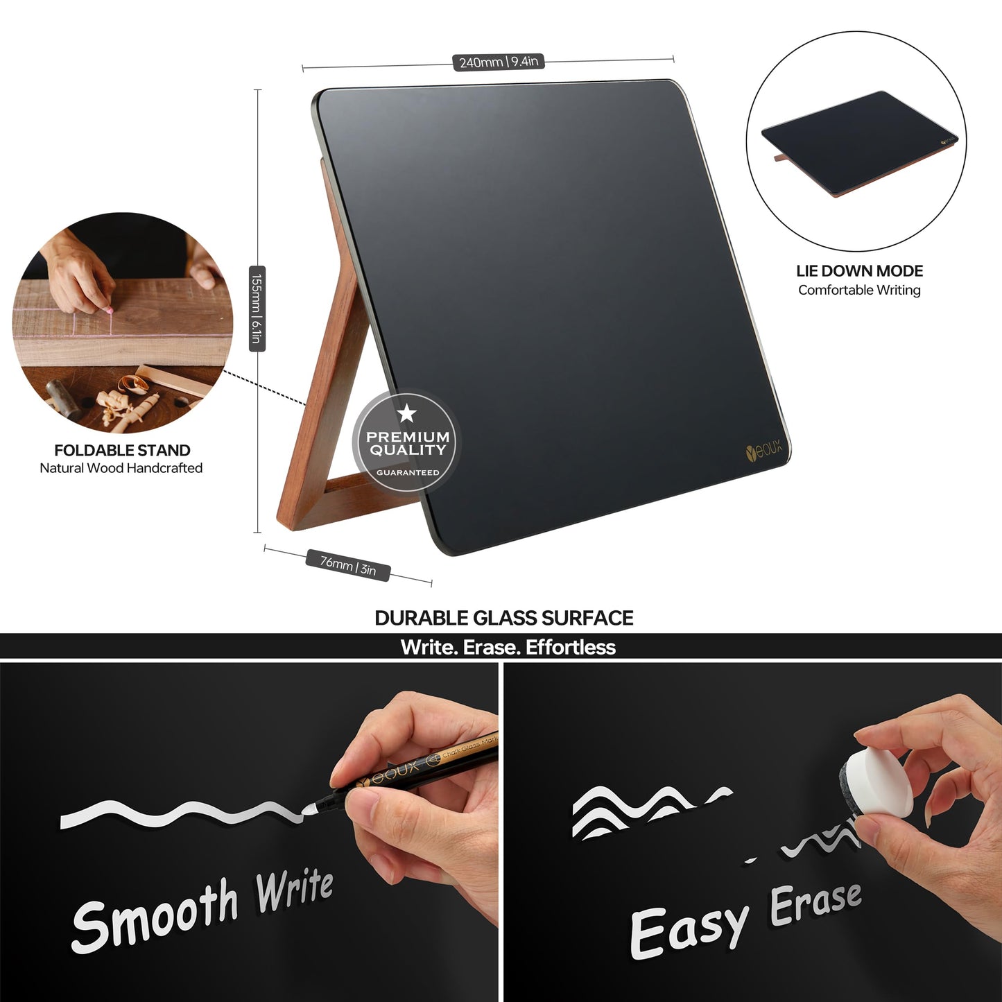 Black Glass Desk Whiteboard with Reversible Wood Stand, Small Portable Desktop Dry Erase White Board, Reusable Desk Notepad Easel 6.7"x9.5" for Office, Home, Kitchen, Marker&Eraser Included, Yeoux