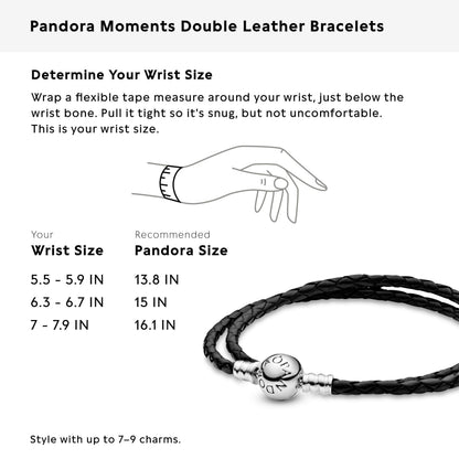 PANDORA Moments Double Woven Leather Bracelet with Silver Clasp - Sterling Silver Bracelet - Jewelry for Women - Includes Gift Box - 15