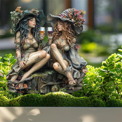 WGKOMEGE Fairy Garden Stake Decor, Acrylic 2D Garden Fairy Decoration, Fairy Garden Accessories for Outdoor Indoor Yard Lawn Pot Plants (Two-Witches)