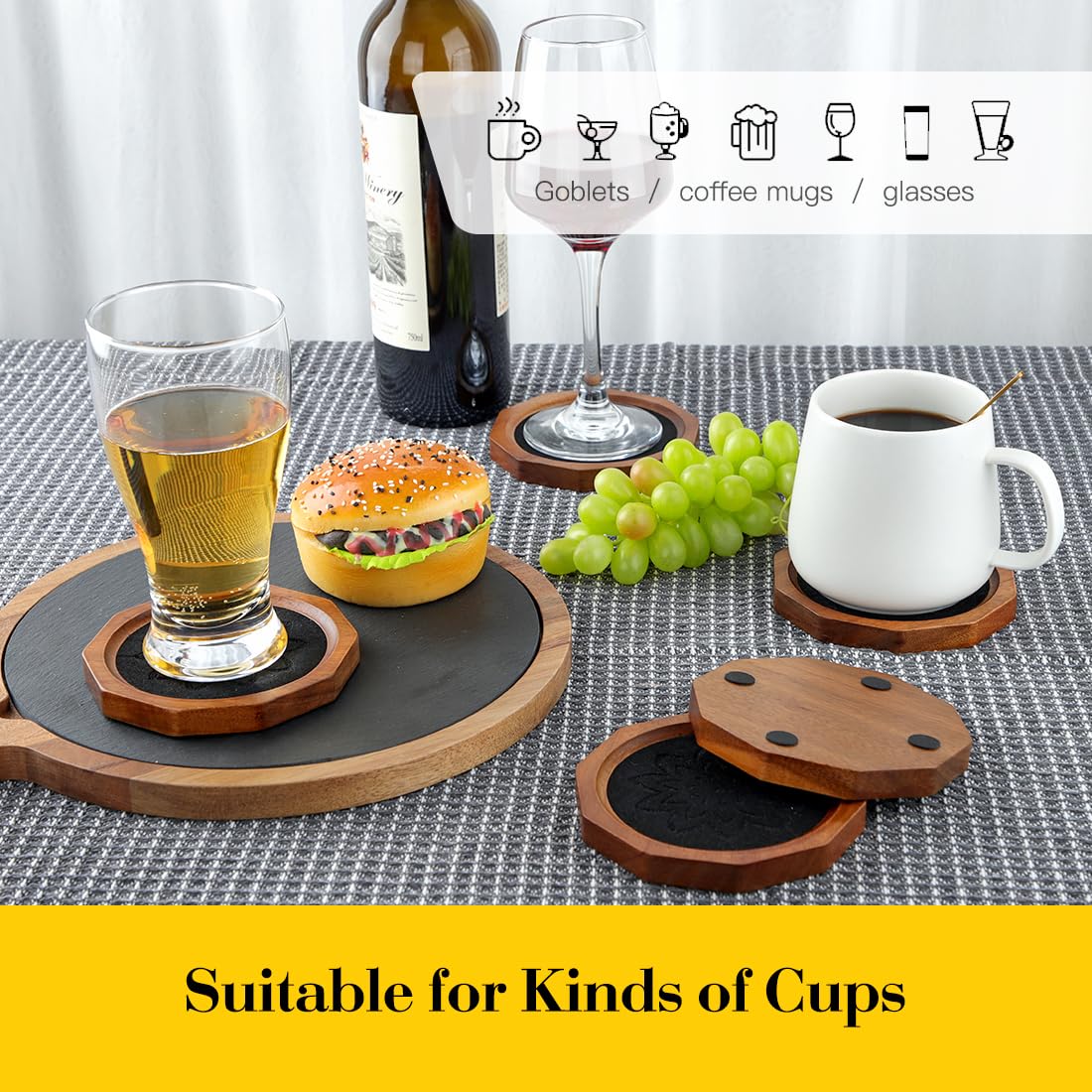 Wood Coasters for Drinks Absorbent with Lip, 4.3 Inch Rustic Acacia Wood Black Felt Coaster with Holder for Wooden Coffee Table for Cups, Mugs, and Glasses - Set of 6