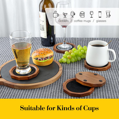 Wood Coasters for Drinks Absorbent with Lip, 4.3 Inch Rustic Acacia Wood Black Felt Coaster with Holder for Wooden Coffee Table for Cups, Mugs, and Glasses - Set of 6