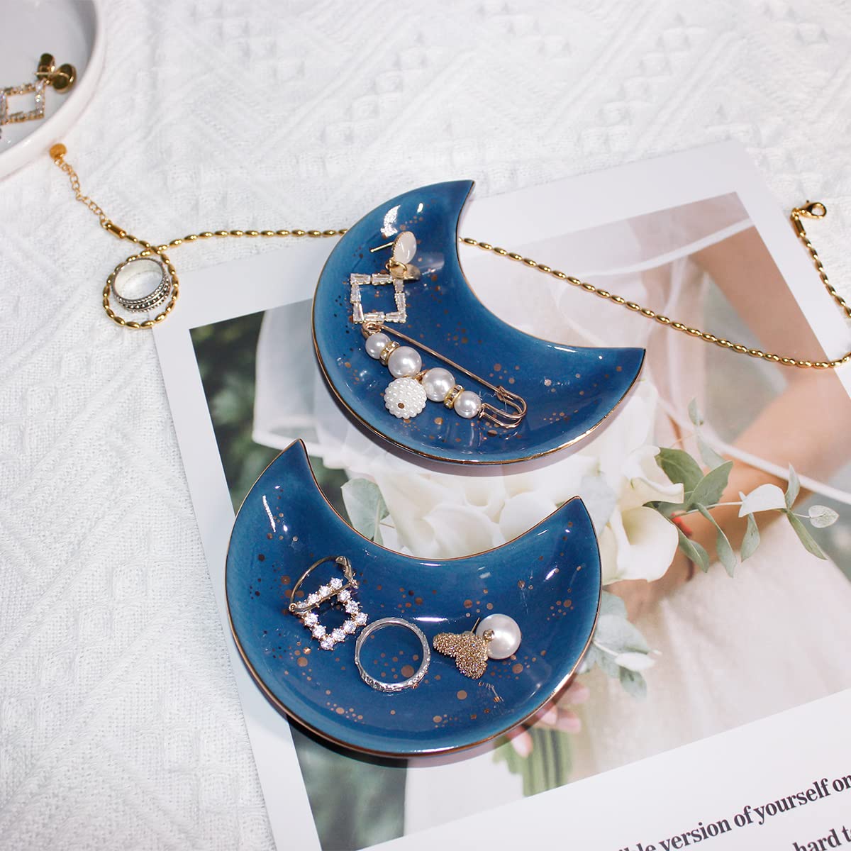 Soddeph Small Moon Ceramic Jewelry Tray, Decorative Trinket Dish, Ring Holder Plate, Modern Accent Tray for Bathroom, Nightstand, Entryway Table, Vanity (2, Blue)