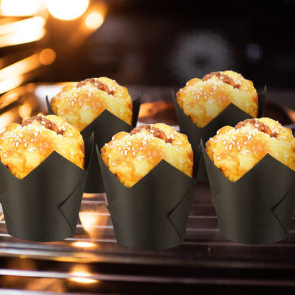 Funtery 400 Pcs Black Tulip Cupcake Liners for Baking Cups Standard Size Greaseproof Parchment Paper Tulip Muffin Liners Cupcake Wrappers for Weddings, Birthdays, Baby Showers, Parties(Black)
