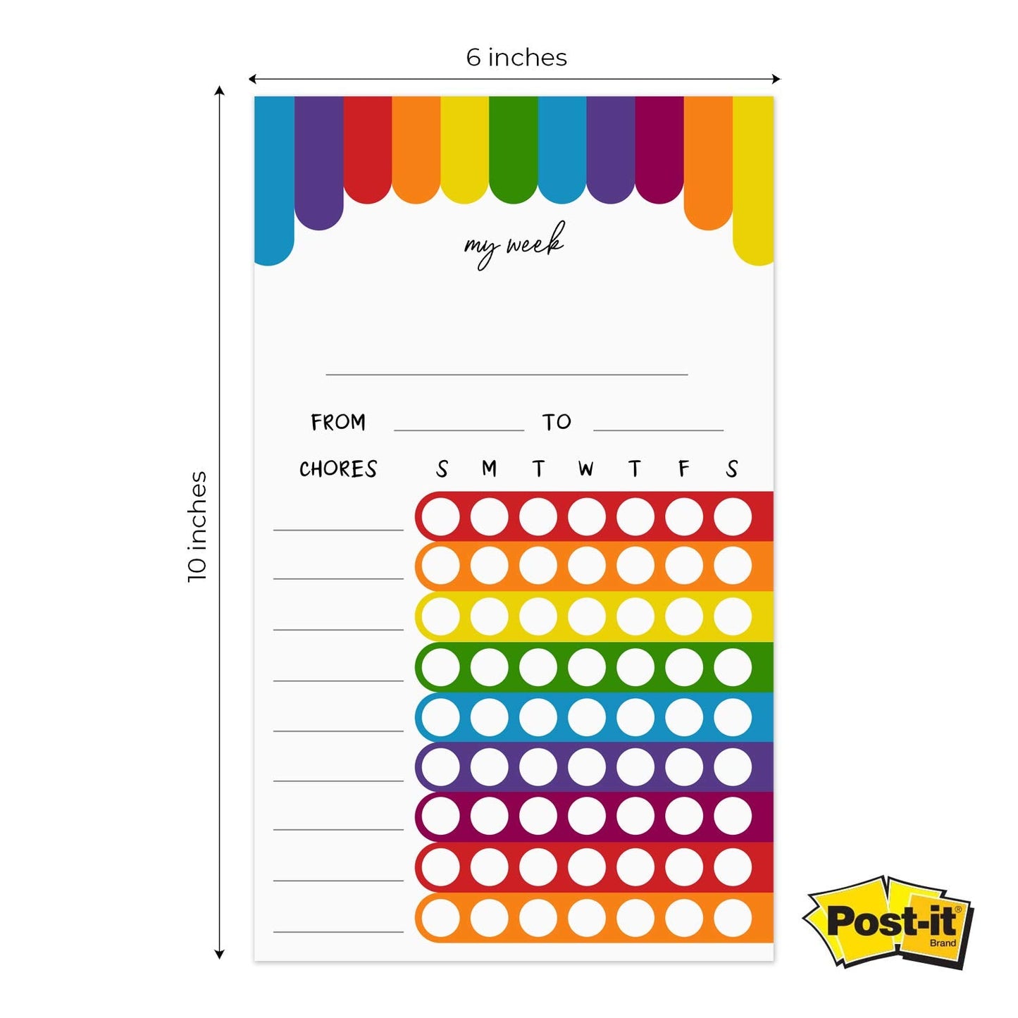 Cheerful Rainbow Weekly Chore Chart / 6" x 10" Sticky Note Fill in Task List/Engaging Week Assignment List