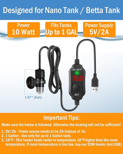 AquaMiracle Mini Aquarium Heater 5V/2A USB 10W Small Fish Tank Heater for Tanks up to 1 Gal, Digital Display Thermostat Betta Heater with Dry-Run & Overheat Protection, Memory Function