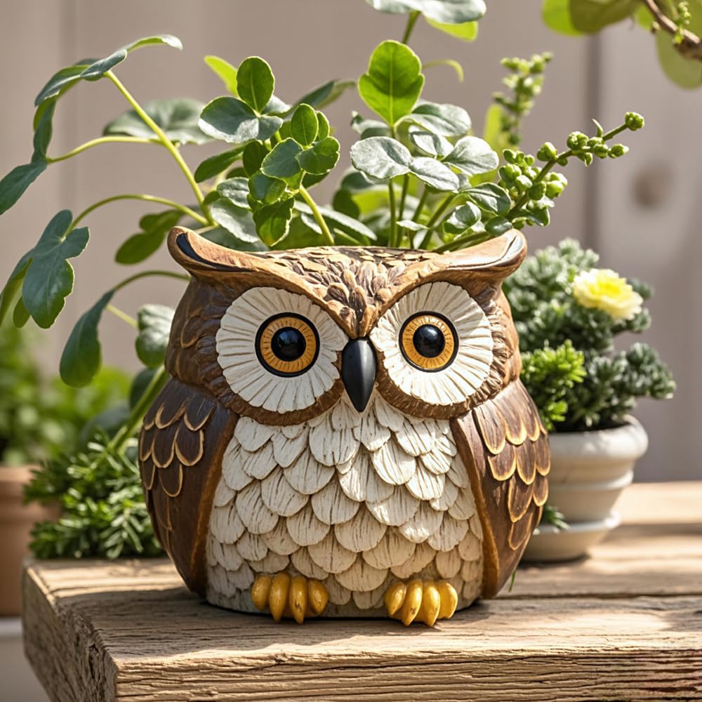Hand Painted Owl Planter, Owl Plant Pots with Drainage, Garden Succulent Flower Pot for Small Plants, Forest Bird Figurines Home office Decor for Desk Table shelf Patio, Gift for Women Plant Lovers