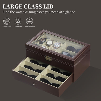 AUTOARK Leather 6 Watch Box Jewelry Case and 9 Piece Eyeglasses Storage and Sunglass Glasses Display Drawer Lockable Case Organizer,Brown,AW-130