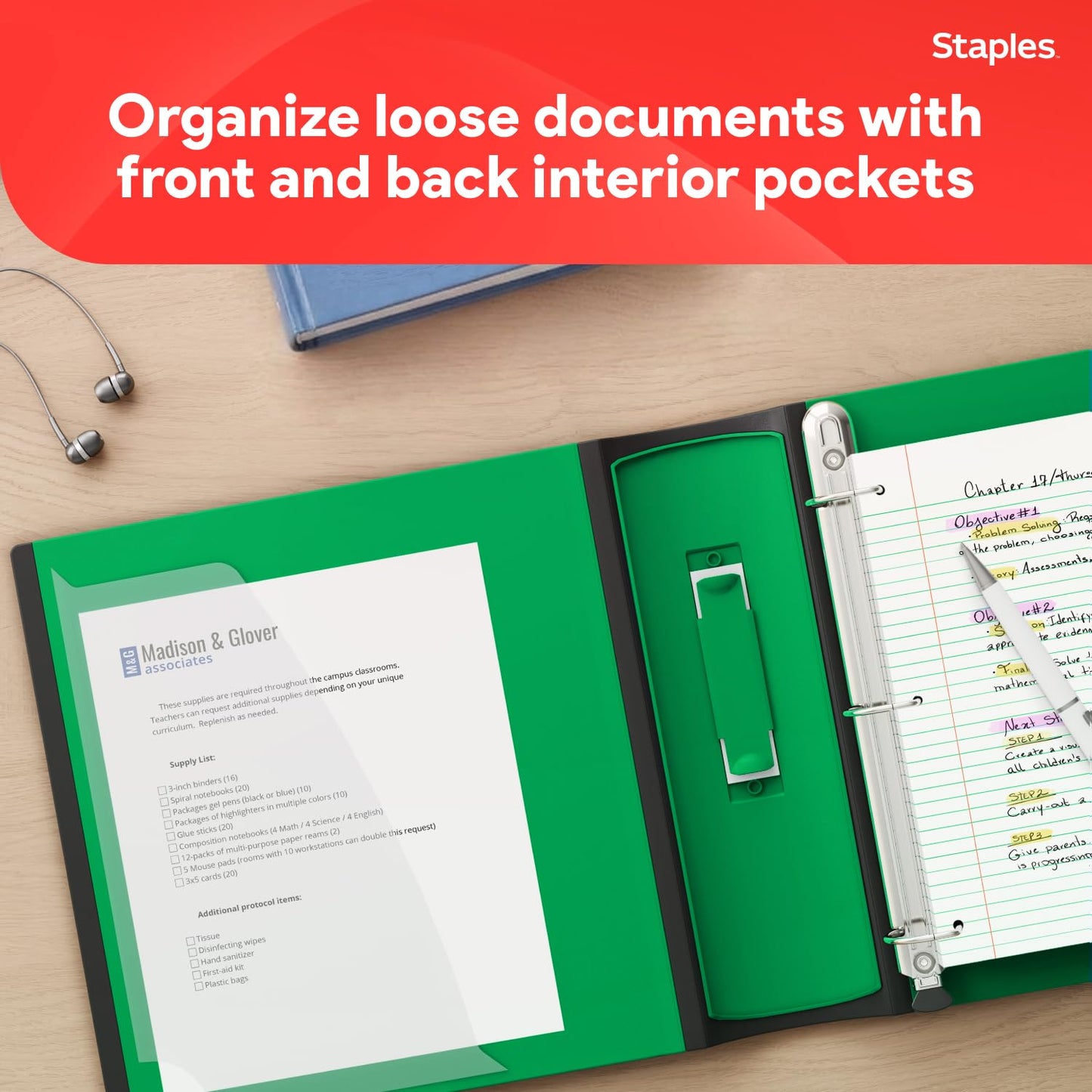 Staples Heavy-Duty 3-Inch D-Ring Binder, Green – Large Capacity 3-Ring Binder with Pockets, Holds Up to 600 Sheets
