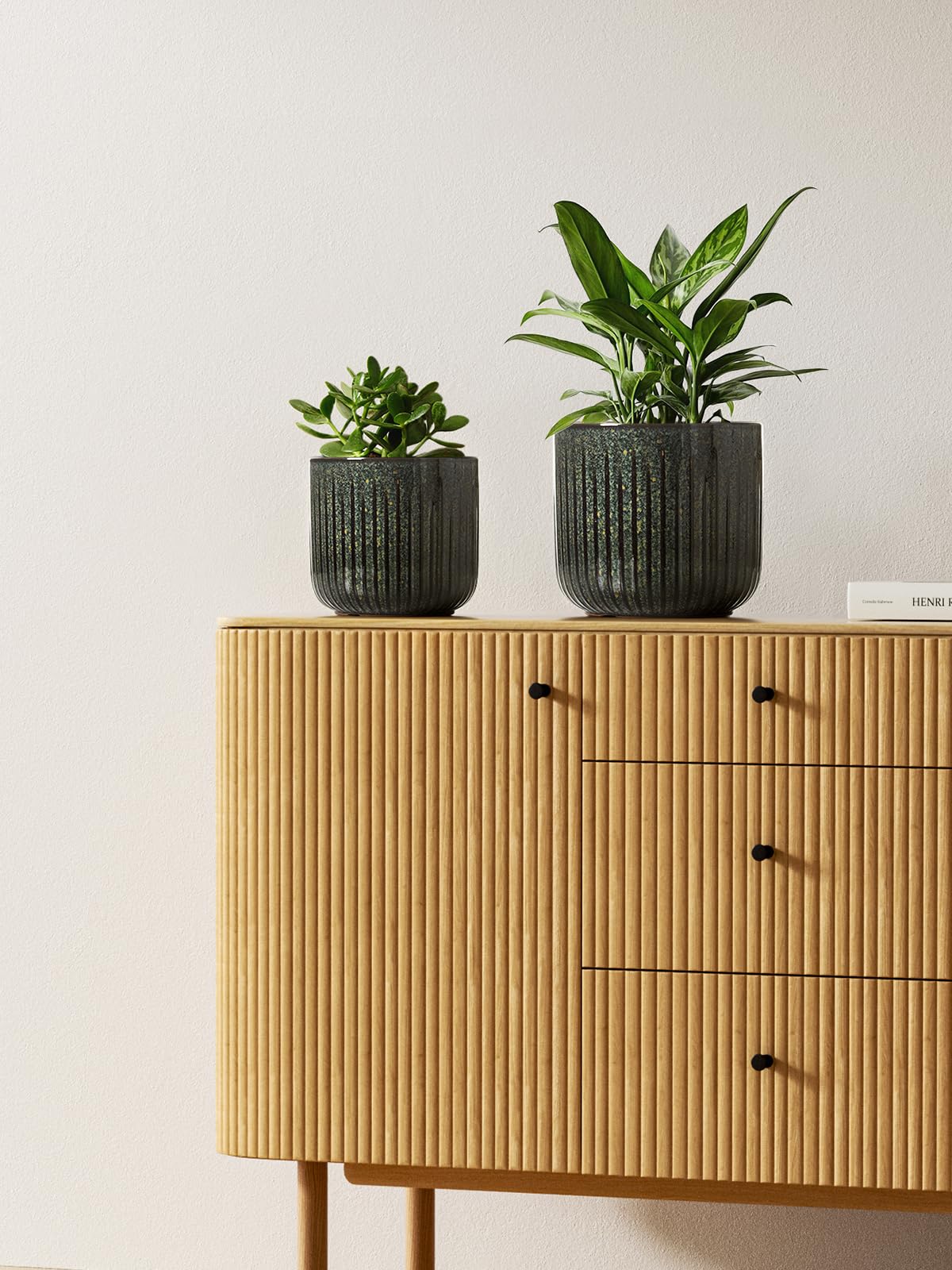 LE TAUCI Ceramic Pots for Plants, 8.3/7/6 Inch Indoor Planters with Drainage Holes & Mesh, Modern Glossy Glaze Cylinder Fluted Plant Pot for Snake Plant, Set of 3, Dark Olive