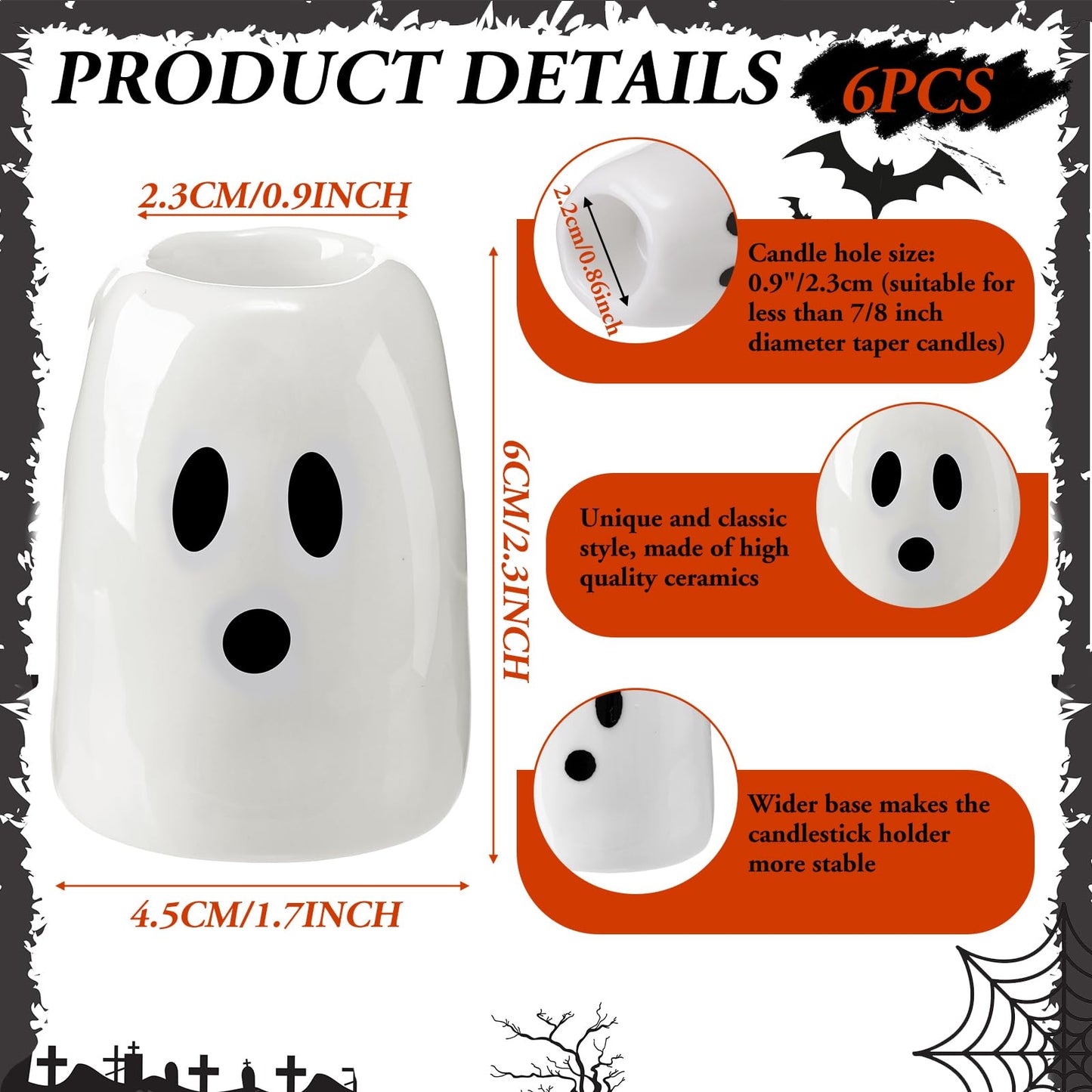 GlikCeil 6 Pcs Halloween Ghost Candlestick Holders, Depth of 2.3 in, Ceramic, Halloween Taper Candleholder Cute Ghost Candle Stick Holders for Wedding Party Office Home Table Centerpiece Decorative