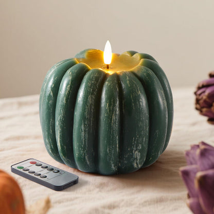 Velsyn Fall Decorations for Home, Flickering Flameless Wax Pumpkin LED Candle with Timer Remote Control, Thanksgiving Gifts, Autumn Farmhouse Rustic Harvest Decor for Tiered Tray Table Indoor (Green)