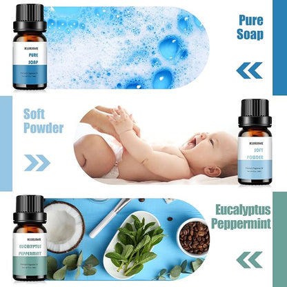 Essential Oils Set, Clean Scents Fragrance Oil Essential Oils for Diffuser Aromatherapy - Fresh Linen, Extra Clean, Warm Cotton, Soft Powder, Pure Soap, Eucalyptus Peppermint, 6x10ml