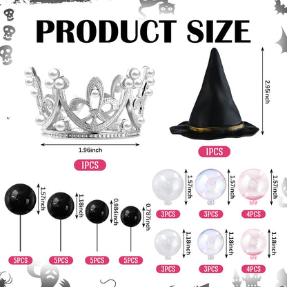 Geelin 42pcs Witch Theme Party Supplies Black Balloons Cake Topper Mini Balloons, Silver Plastic Crown and Black Women Witch Hat Fantasy Decoration Balls for Birthday Cake Decoration