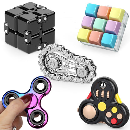 Fidget Toys Set for Adults, Sensory Pack with Fidget Spinner, Robot Spinner, Fidget Cube, Keyboard Clicker Toy, Fidget Pad, Stress Relief Desk Gadget for Office, Birthday Gift Set