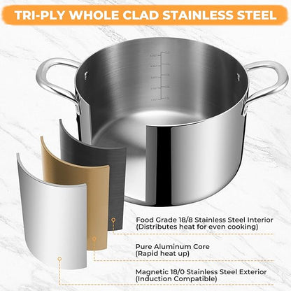 Tri-Ply Stainless Steel Stock Pot, 8 Quart Heavy Duty Induction Cooking Pot with Visible Lid for Pasta, Soup, Spaghetti, Sturdy & Double Handle, Dishwasher Safe